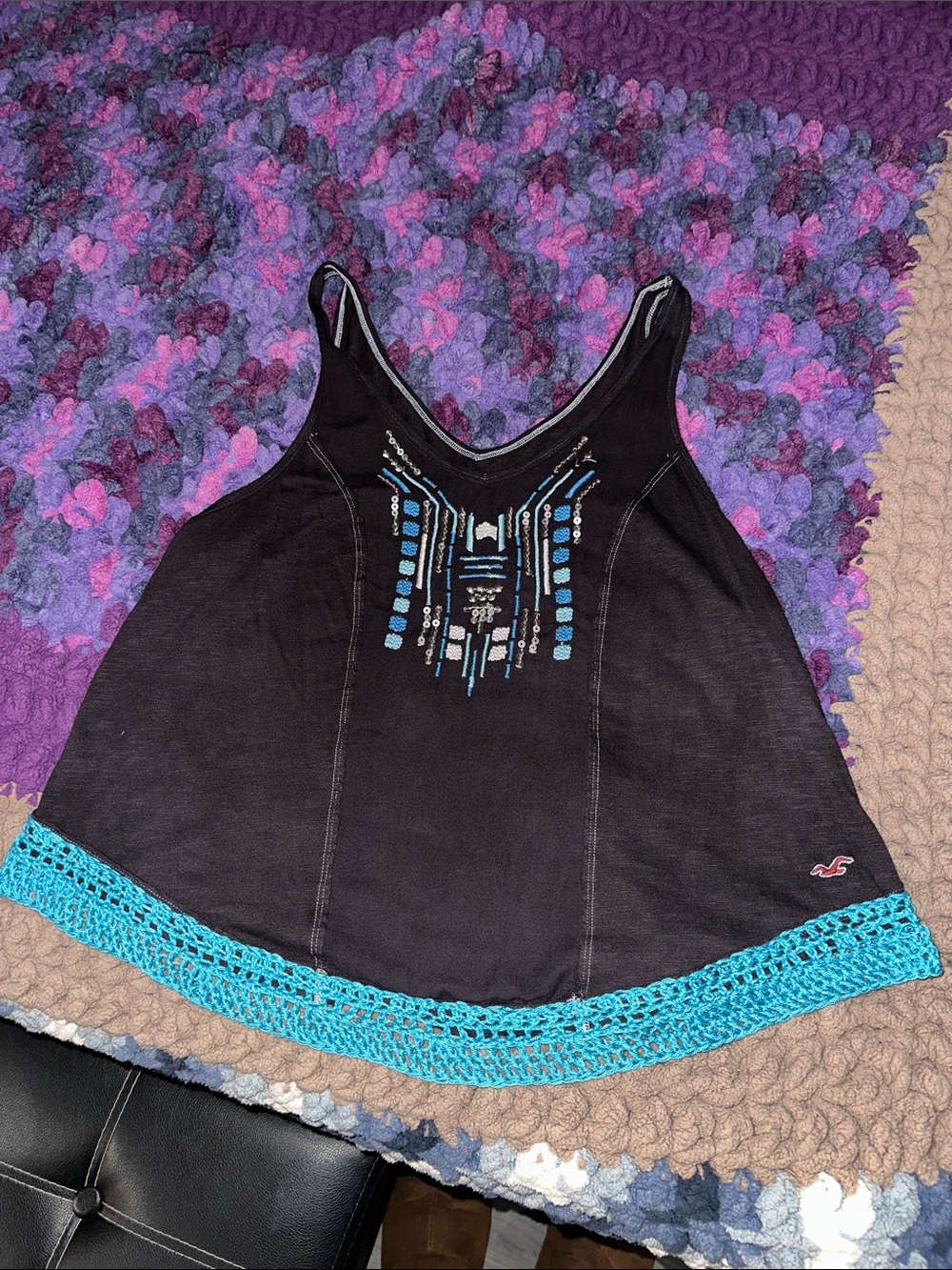 Hollister Black Camisole with Turquoise Crochet Hem and Bead Detail